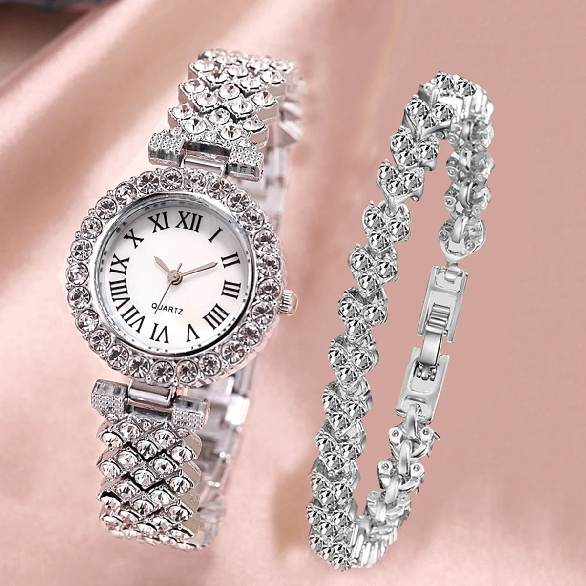 Rose Gold Bracelet - 2pcs Luxury Women Rhinestone Rose Gold