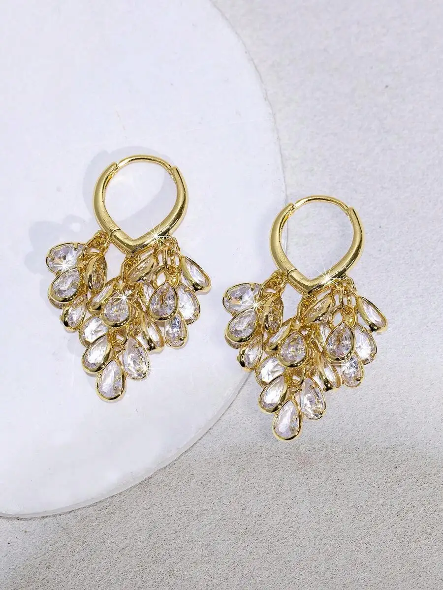 Elegant Gold Tone Teardrop Zir - Hoop Earrings avaliação e preço